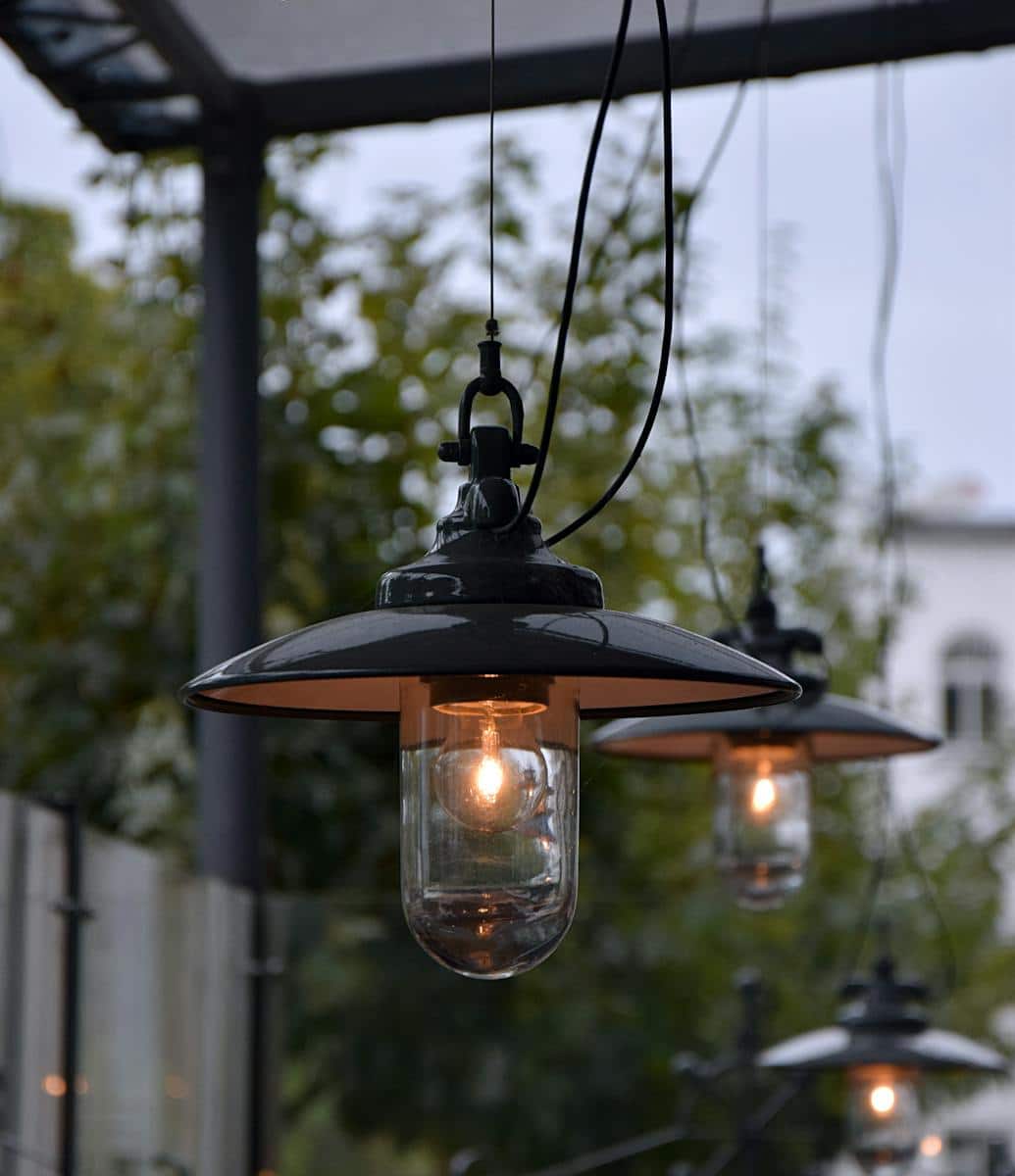 Stylish outdoor lamps illuminating a cozy evening ambiance.